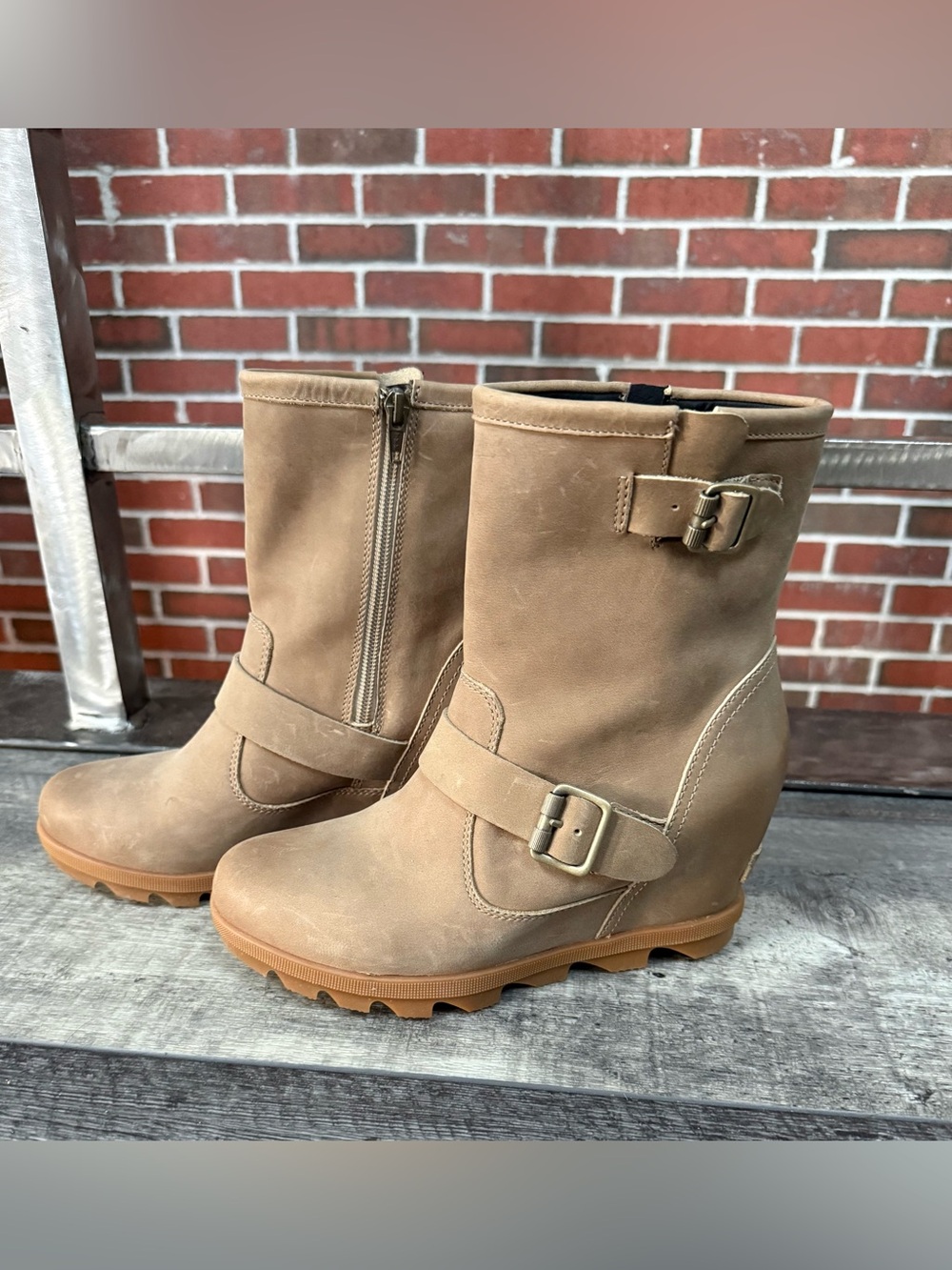 Sorel Tan Wedge Booties with Buckle Accents Size 7